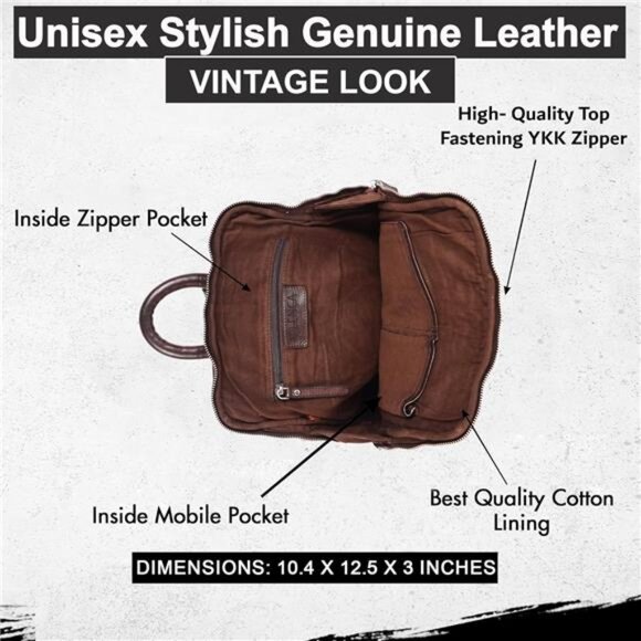 Unisex Brown Leather Backpack Genuine Leather Backpack, 12.5 Inch